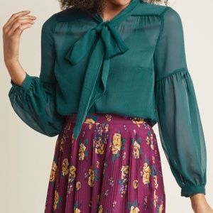NWOT Sheer Tie Neck Blouse in Teal